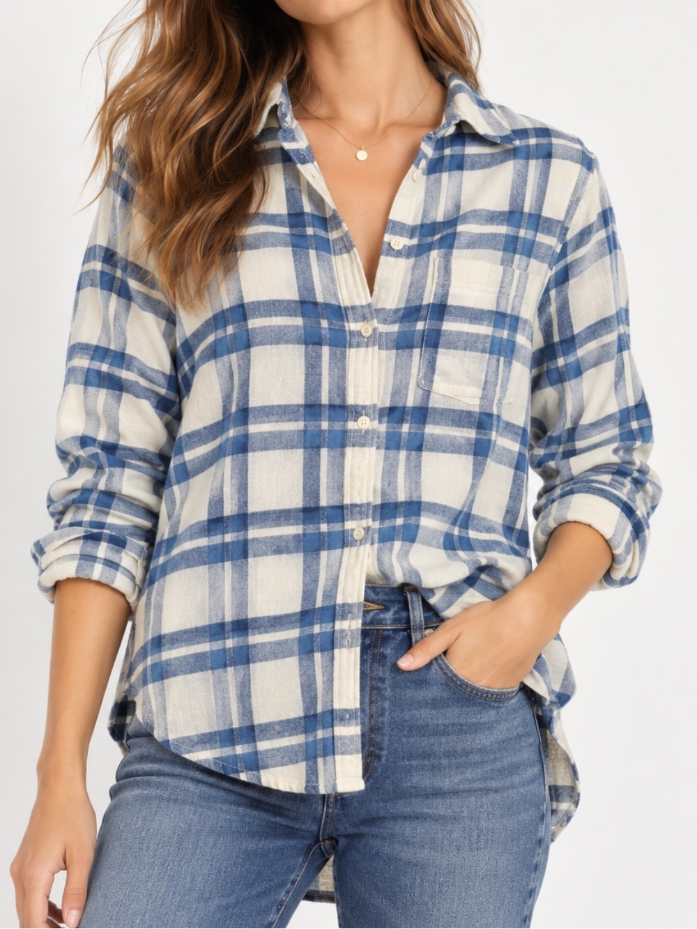 Madewell Flannel Button Down Shirt Blue White Checkered Plaid Long Sleeve XS